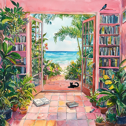 室内植物与海洋景致