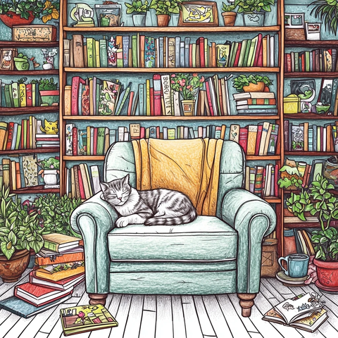 扶手椅书架猫咪睡眠图