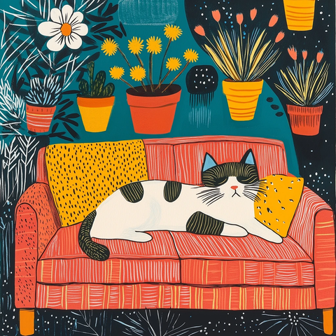 猫沙发花盆彩色插画