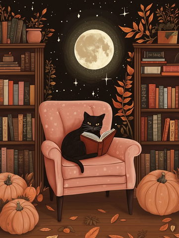 黑猫读书南瓜书架秋夜图