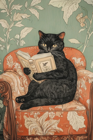 黑猫坐椅读书墙壁装饰