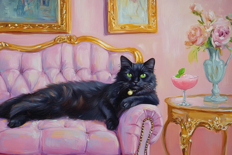 黑猫绿眼躺紫沙发粉背景