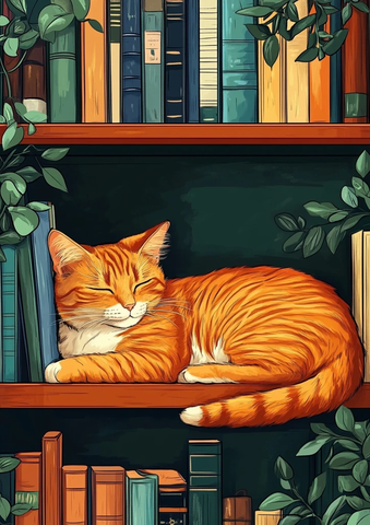 书架与睡猫的温馨角落