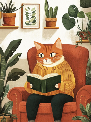 猫咪看书室内植物插画