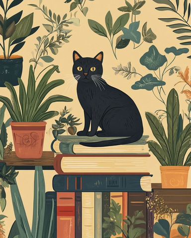 猫坐书堆旁植物环绕