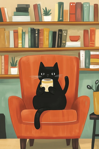 黑猫坐椅喝咖啡儿童插画