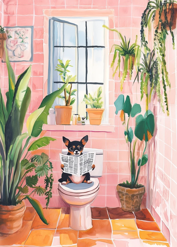 吉娃娃坐马桶读报纸