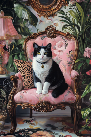 黑白猫坐粉椅绿植背景