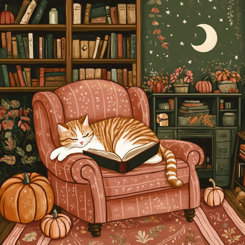 猫读书秋夜书架南瓜装饰