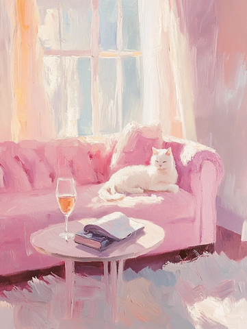 粉色沙发白猫油画印象派
