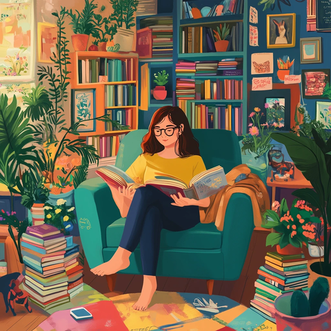 女子坐椅读书书堆环绕