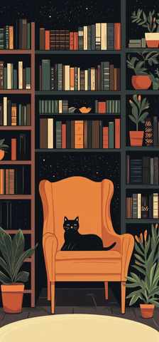 扶手椅书架猫植物插图