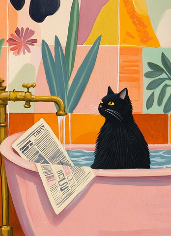 猫坐浴缸边看报纸