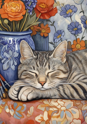 灰猫躺沙发花瓶画笔