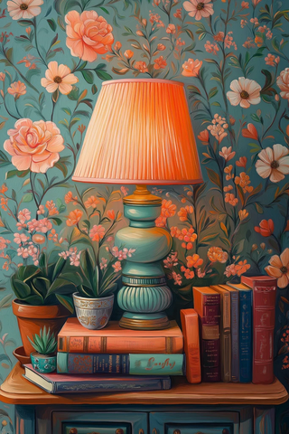 斜灯罩台灯与书本植物