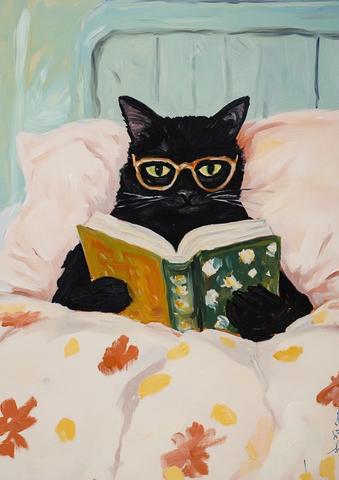 黑猫躺床戴眼镜读书
