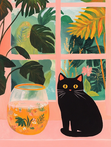 黑猫鱼缸与热带植物