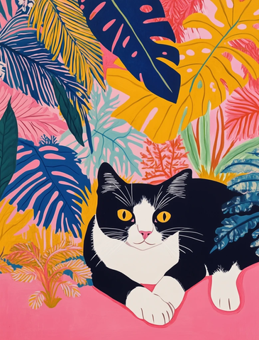 黑白猫与热带叶图案