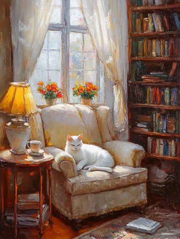 奶油椅白猫窗花白窗帘