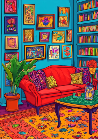 艺术馆壁画红色沙发书架