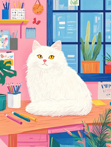 白猫黄眼坐桌前多彩装饰