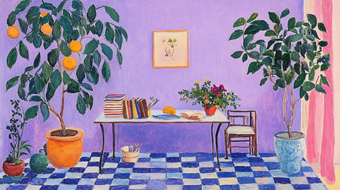 空桌书籍植物紫墙蓝毯