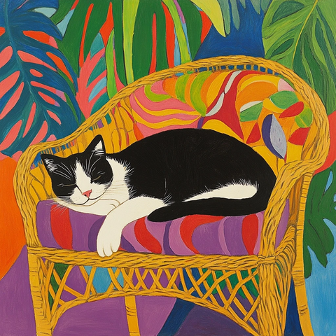 猫躺藤椅抽象图案环绕