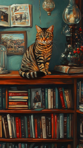 条纹猫书架照片书籍