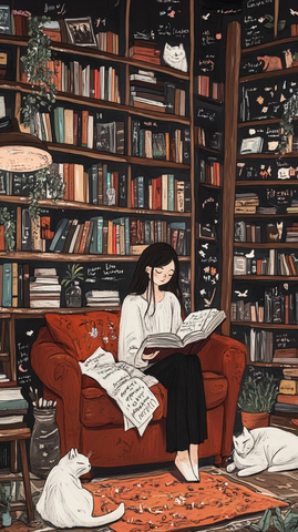 女孩读书猫陪伴插画