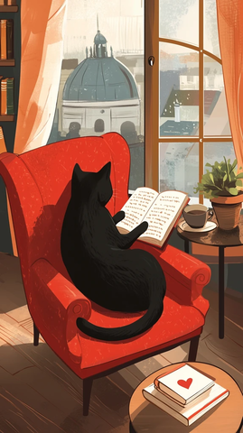 黑猫躺椅读书窗景