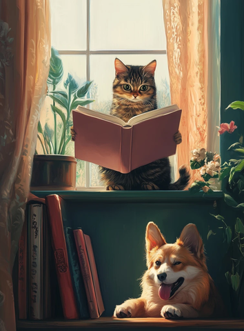猫读大书狗躺地阳光洒满屋