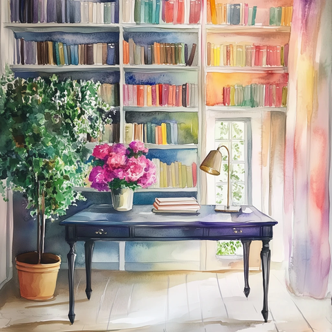 水彩房间书桌书架