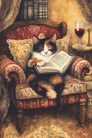 猫椅书酒复古插画