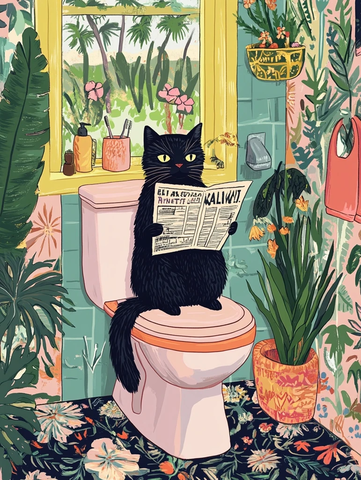 黑猫读报纸坐马桶上