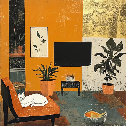 橙花白猫金鱼客厅装饰