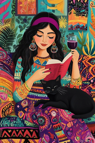 书香女子与黑猫的悠闲时光