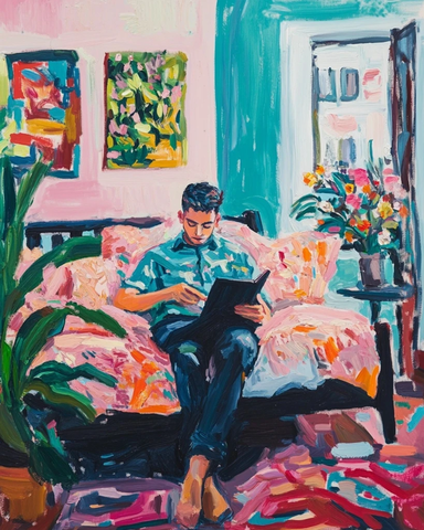 青年男子读书床景对称构图