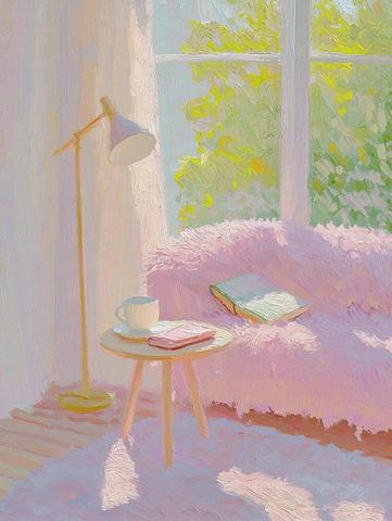 木纹油画粉色沙发书香角落