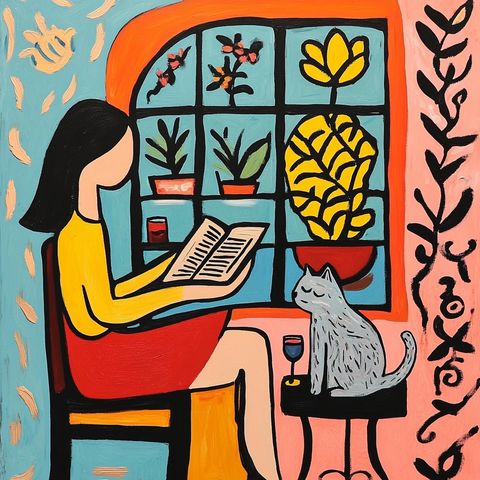 女子窗边读书与猫相伴