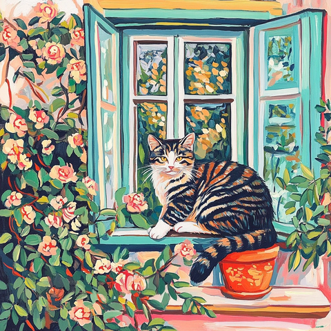 猫坐窗台植物与蜜蜂