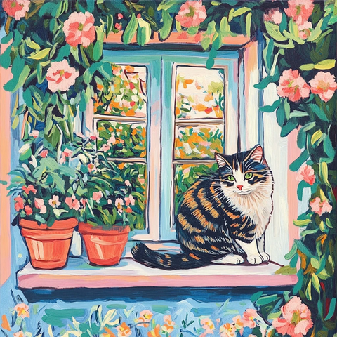 猫坐窗台看植物与蜜蜂