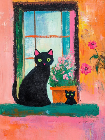 黑猫窗台抽象花卉画