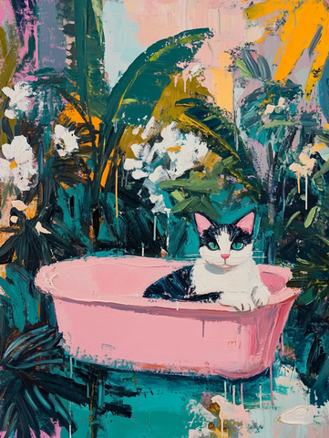 猫在粉色浴缸与绿叶花丛