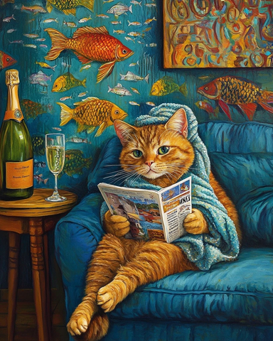 姜黄猫读杂志坐蓝沙发