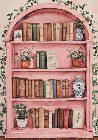 粉色书柜与花卉静物