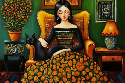 女人坐椅子黑猫陪伴