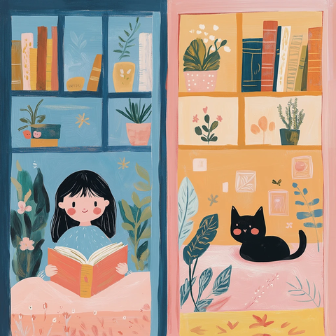 女孩家中读书插画