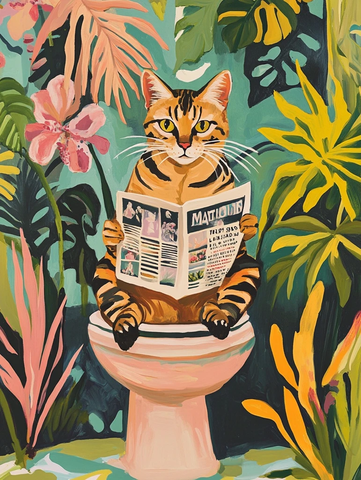 孟加拉猫坐马桶读报纸
