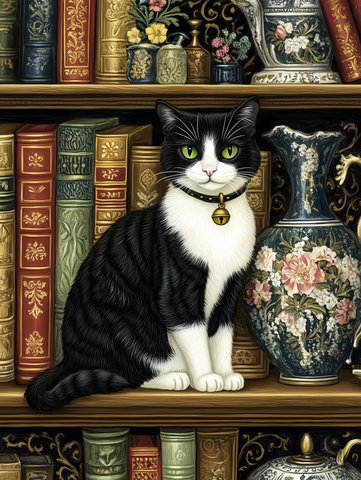 黑白猫坐书架木架前