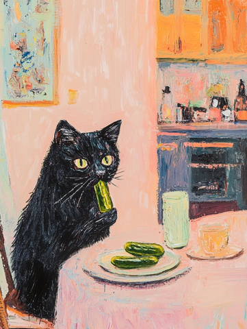 黑猫吃腌菜餐桌旁